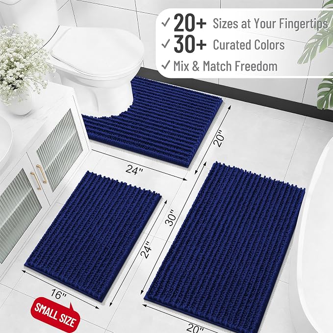 OLANLY Bathroom Rug Mat 36x24, Thick Soft and Absorbent Chenille Bath Mat, Non-Slip Rubber Backing, Machine Washable Quick Dry Bath Rugs for Tub Shower Floor, Home Decor Accessories, Navy Blue