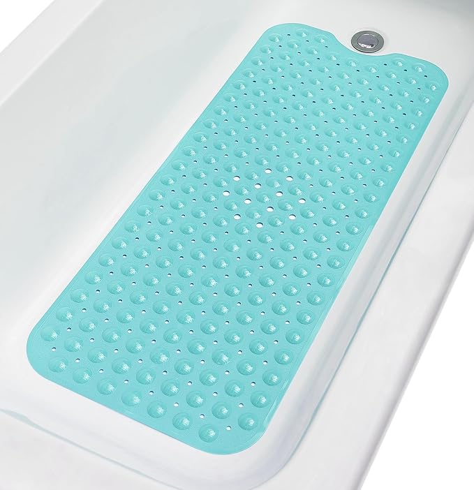 Extra-Long Non-Slip Bathtub & Shower Mat 39”x16” (Smooth/Non-Textured Tubs Only) Safe, Clean, Machine-Washable, Superior Grip&Drainage, Vinyl, Opaque Turquoise/Green-Blue