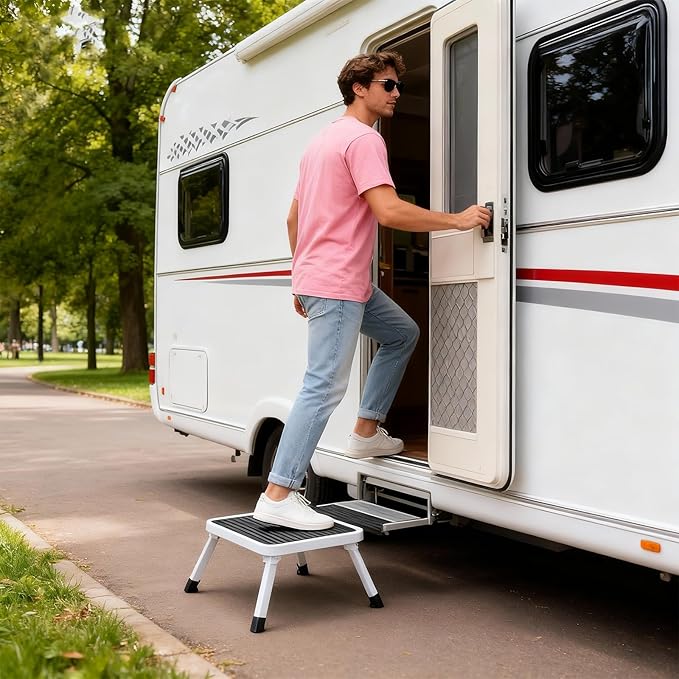 NEWBULIG Foldable Step Stool, Reinforced Sturdy Metal, 330lbs Capacity, Non-Slip Platform & Thickened Rubber Feet, for Home, Kitchen, RV, Indoor Outdoor, Black and White