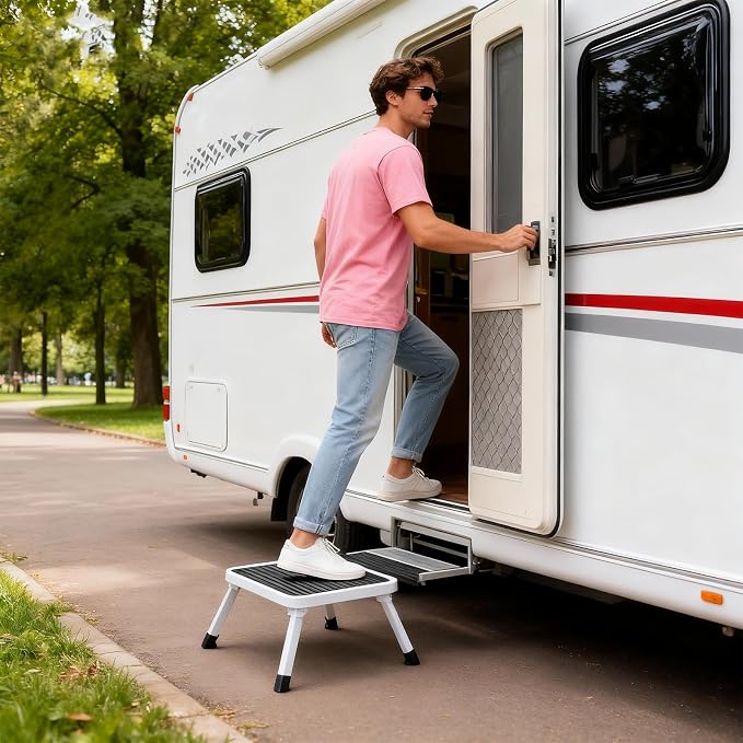 OLIXIS Foldable Step Stool with Non-Slip Platform & Rubber Feet, 330lbs Capacity Sturdy Metal Foldable Stool, 1-Step Ladder with Carrying Handle for RV, Truck, Home Kitchen, Indoor & Outdoor Use