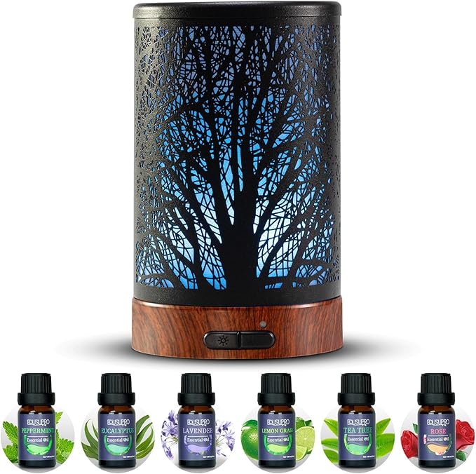 EQUSUPRO Essential Oil Diffuser Aromatherapy Diffuser 150ml with 6 Essential Oils Set, Diffuser for Essential Oils, Auto Off 7 Colors Night Light Gifts for Mom
