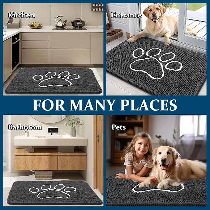 OLANLY Dog Door Mat for Muddy Paws 34x21, Paw Print Design, Absorbs Moisture and Dirt, Absorbent Non-Slip Washable Doormat, Quick Dry Chenille Mud Mat for Dogs, Entry Indoor Entryway Carpet, Dark Grey