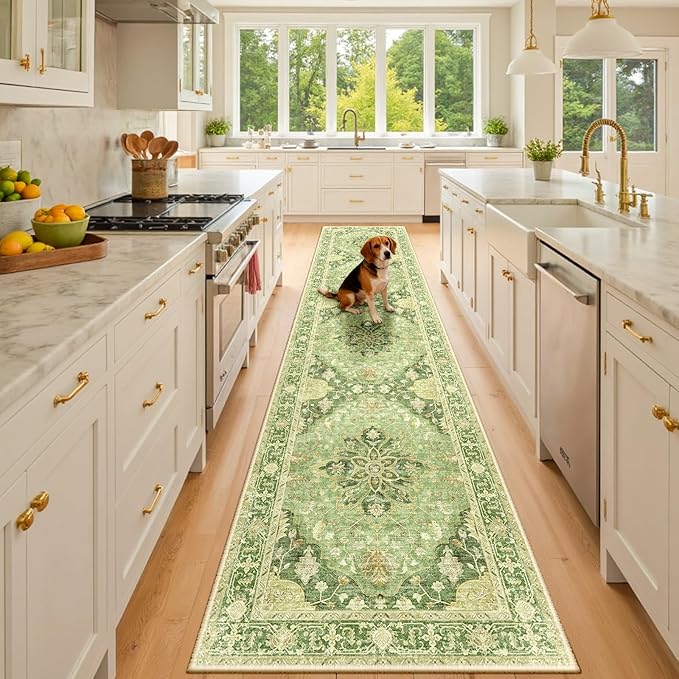 RELEANY Area Rugs Runner 2'x10' Washable Non-Slip, Floral Vintage Distress Medallion Carpet for Kitchen Hallway Bedroom Beside Laundry Room Bathroom, Sage Green Yellow