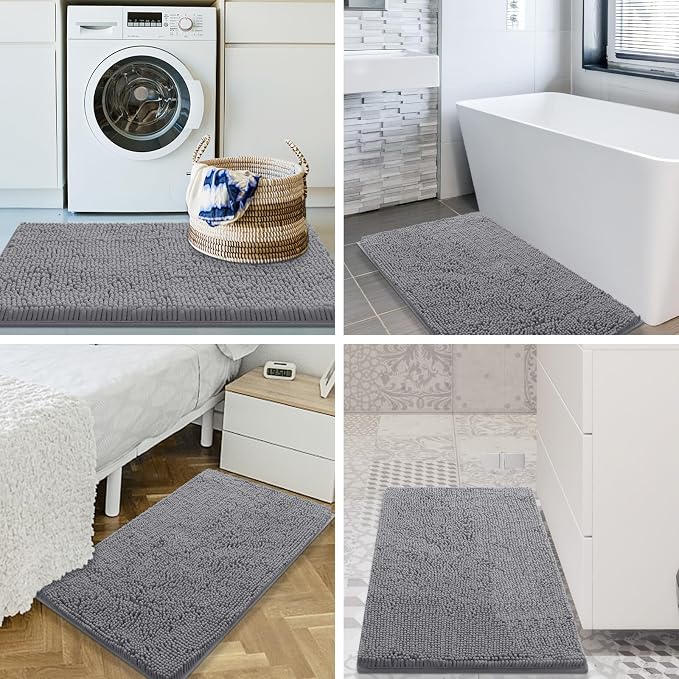 Smiry Luxury Chenille Bathroom Rugs 70x24, Extra Soft and Absorbent Shaggy Bath Mat, Machine Washable, Non-Slip Plush Carpet Runner for Tub, Shower, and Floor, Home Decor Accessories, Grey