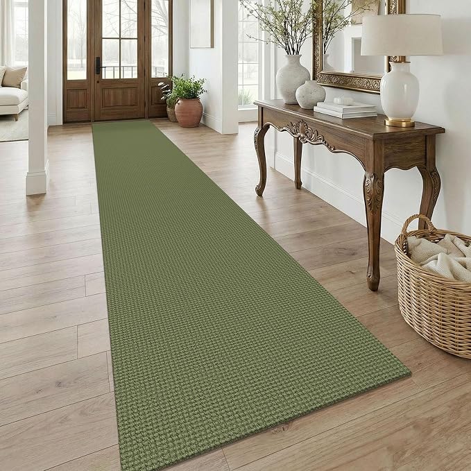 KOZYFLY 3x18 Runners Rugs for Hallway, Extra Long Washable Runner Rug, Non Slip Rubber Backed Kitchen Runner, Cotton Entryway Rug, Floor Carpet for Entry, Aisle, Hall, Olive Green/Earthy Green