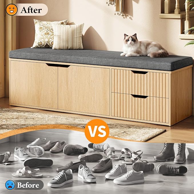 59" Storage Bench with Drawer, 2-Tier Shoe Bench with Doors, Long Entryway Bench, Thickened Cushion, Adjustable Shelf, Fluted Design for Entryway, Bedroom, Living Room, Natural