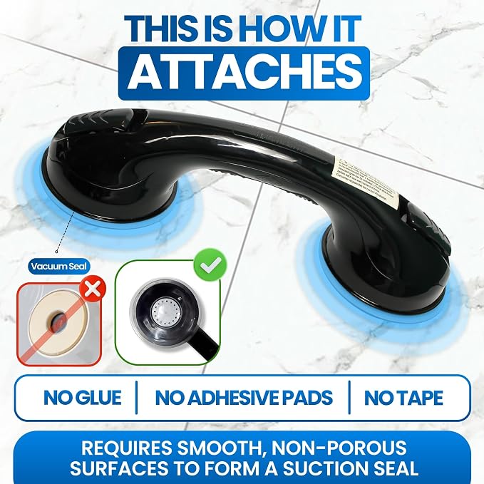 Safe-er-Grip Changing Lifestyles Suction Cup Balance Assist Bar for Bathtubs & Showers; Safety Bathroom Grab Bar Handle, All Black, 12 inches