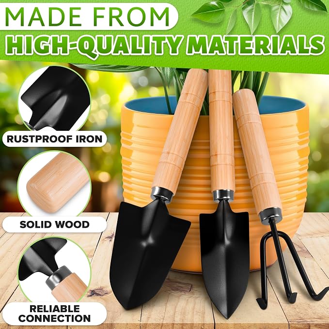 Small Garden Tools - 3 Pcs Mini Garden Tools Set with Small Trowel, Mini Shovel & Hand Rake Made of Rust-Resistant Iron & Solid Wood - Indoor Gardening Tools Set for Succulent, Bonsai & Pot Plants
