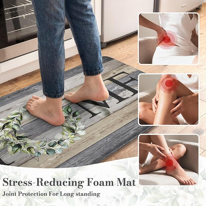 KIMODE Anti Fatigue Kitchen Mats, Farmhouse Kitchen Rugs Sets of 2, Non Slip Kitchen Mats for Floor, Cushioned Kitchen Floor Mats for Sink, Laundry, Office, Desk Grey 17"x59"+17"x29"