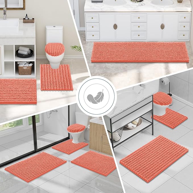 Smiry Bathroom Toilet Rugs U Shaped 24x20, Extra Soft Absorbent Non Slip Rubber Backing Chenille Contour Bath Rugs for Toilet, Machine Washable Contoured Bath Mats, Coral