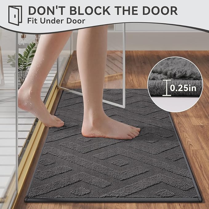 Non-Slip Bath Mat 16x24-2pc with Rubber Backing, Washable Thin Bath Mats for Bathroom Floor, Absorbent Bathroom Rugs, Quick Dry, Fits Under Door Grey