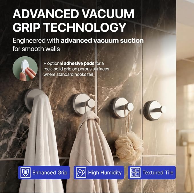 HOME SO Suction Cup Hooks for Shower & Bathroom Towel Holder 4-Pack – Suction Cups Hooks for Hanging Towels, Robes, & Coats - Tiles, Glass Door or Mirror – Shower Hooks & Towel Hooks Organizer -Nickel