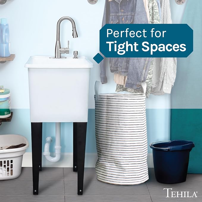 White Space Saver Utility Sink by JS Jackson Supplies, Freestanding Tehila Space Saving Laundry Tub, Stainless Steel Pull-Down Faucet, Soap Dispenser