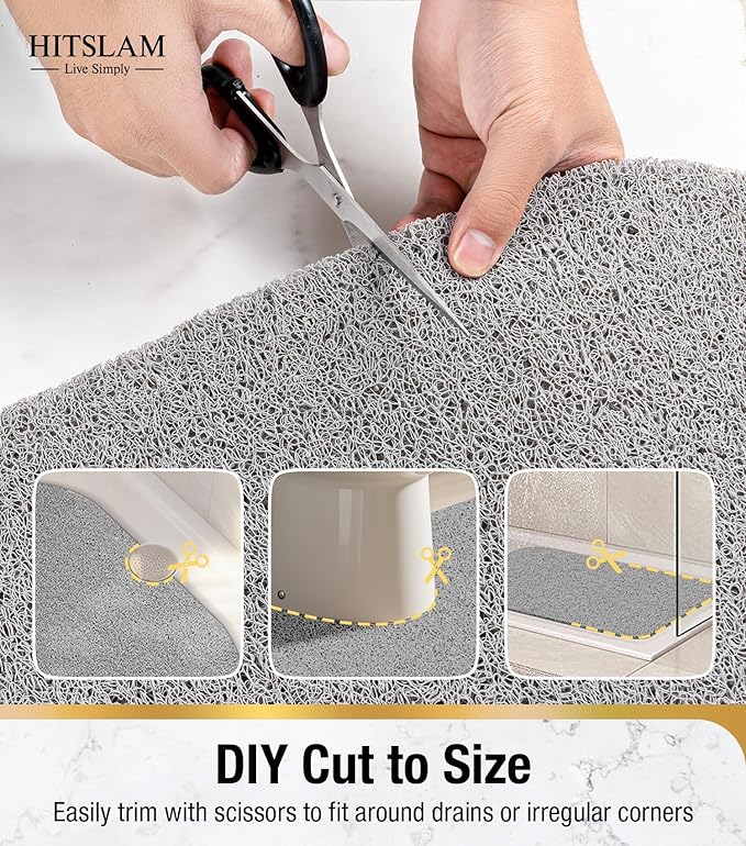 HITSLAM Oval Loofah Shower Mat Non Slip, 27x16 Inch Bath Mat for Textured Tub & Inside Shower Stall, No Suction Cups Quick Drying PVC Porous Floor Mat, Soft Foot Exfoliating Bathtub Mat, Grey