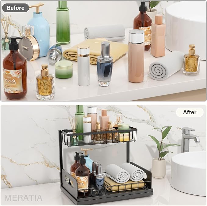 Sturdy Metal Under Sink Organizer 2 Tier, Pull Out Drawer Slides Under Sink Storage for Bathroom Kitchen, Multi-Purpose Iron Under Cabinet Organizer for Cleaning Supplies (Black, 2 Pack)