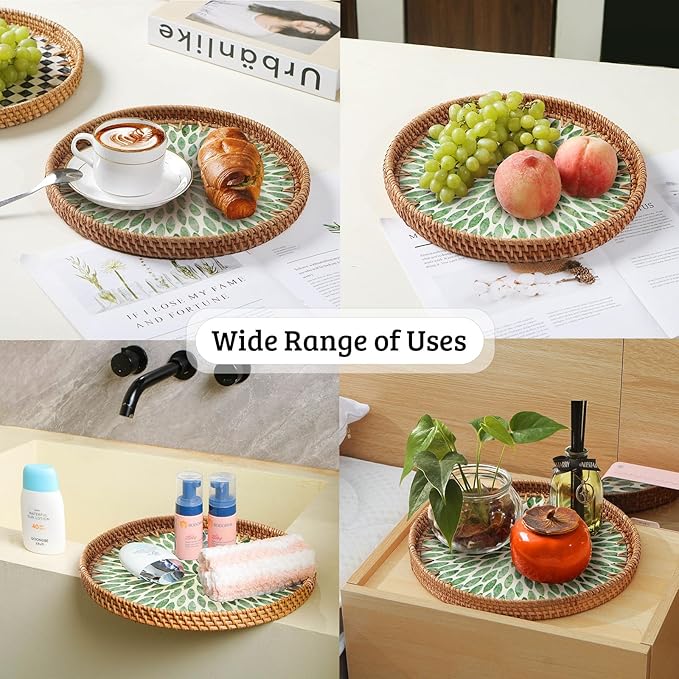 Round Rattan Tray with Mother of Pearl Inlay, Decorative Wicker Serving Tray with Wooden Base, Woven Basket Trays for Bread Fruits Coffee, Leaf