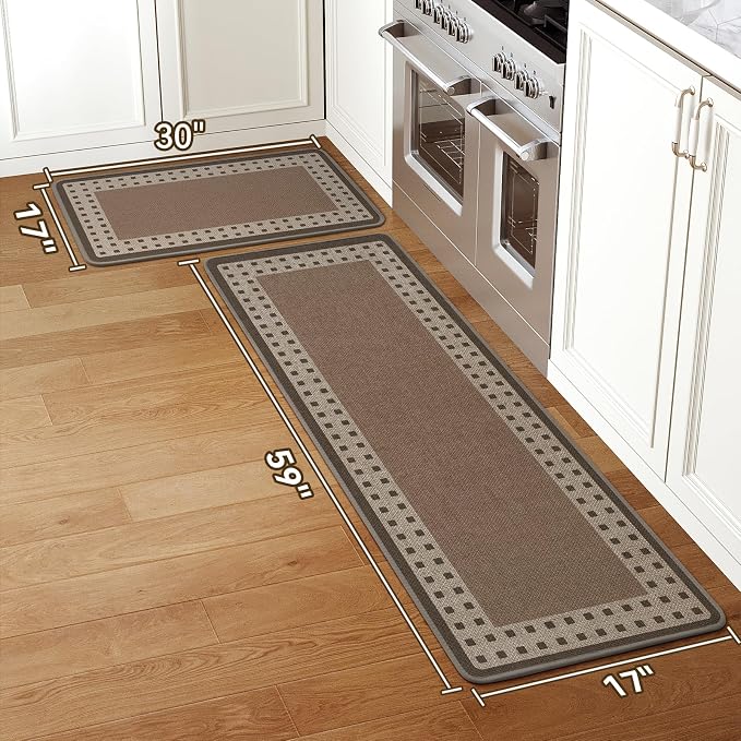 Kitchen Mats for Floor, 17''x30''+17''x59''Kitchen Rugs Set of 2, Washable Absorbent Kitchen Mat Non Slip, Braided Kitchen Runner Rug, Kitchen Sink Rug, Brown