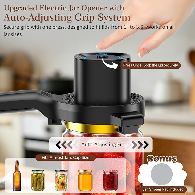 Electric Jar Opener for Seniors with Auto-Adjusting Gripper, Rechargeable Jar & Bottle Openers for Weak Hands and Arthritis, Easy Twist Off Lid Opener with Rubber Gripper Pad, Fits 1"-3.5" Lids(Black)