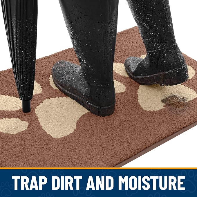 Smiry Dog Door Mat for Muddy Paws, Absorbs Moisture and Dirt, Low-Profile Entryway Mat with Non-Slip Backing, Entry Indoor Outdoor Doormat for Inside Floor (40x32 Inches, Camel, Paw)