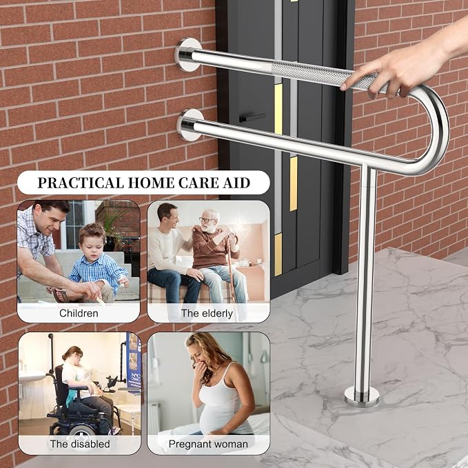 Toilet Support Rail 32 Inch, Munzong Anti-Slip Chrome Handicap Grab Bar for Bathroom, Stainless Steel Knurled Safety handrails with Leg for Elderly Disabled Pregnant-1.25’Tube