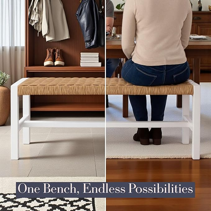 Alaterre Furniture Newport 40 Inch Solid Wood Entryway Bench - Modern Farmhouse Indoor Decorative Bench with Handcrafted Woven Rope Seat - Furniture for Entryway, Dining Room, or Kitchen (White)