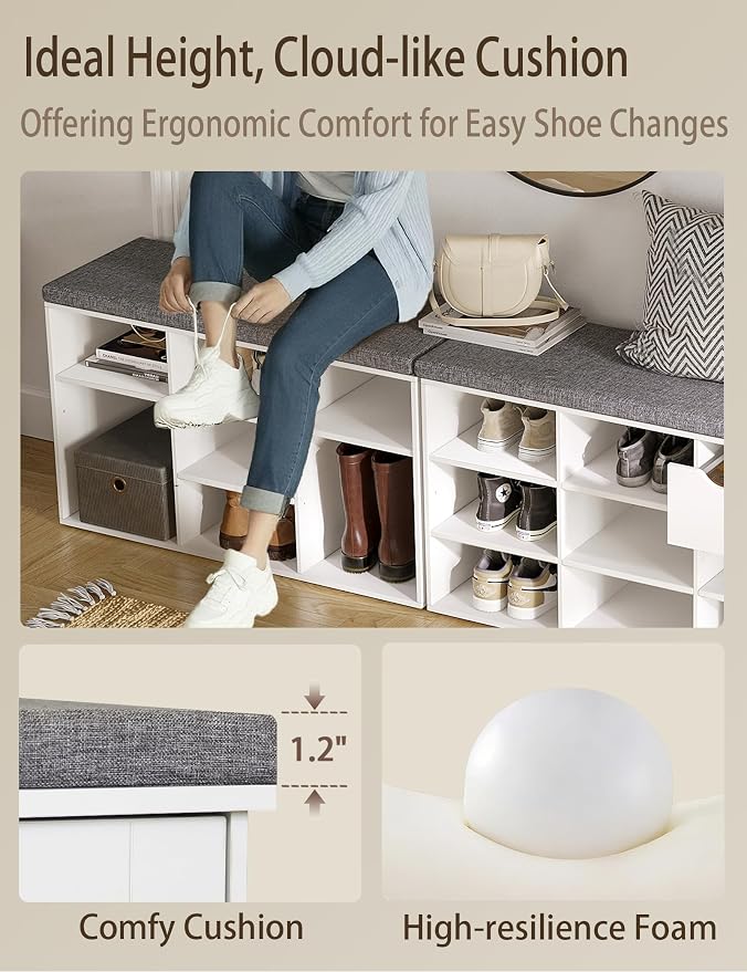 DINZI LVJ Shoe Storage Bench with Cushion, Cubby Shoe Rack with 9 Cubbies, Adjustable Shelves, Multifunctional Shoe Organizer Bench for Entryway, Mudroom, Hallway, Closet and Garage, White