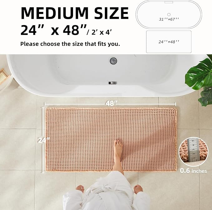 TYUU Waffle Bath Mat, Boho Bathroom Rugs Non Slip Washable Super Absorbent Quick Dry Bath Mat Farmhouse Bathroom Decor, 48"x24" Light Peach