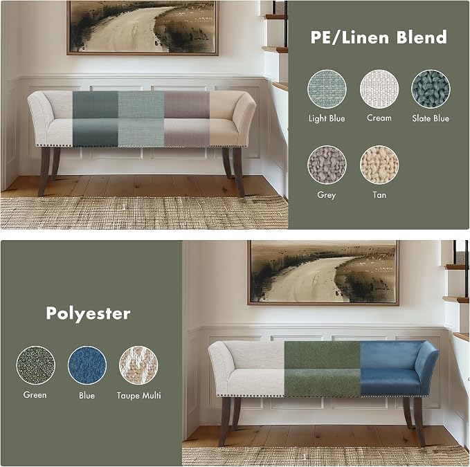 Madison Park Accent Bench, Plush Upholstered, Nailhead Trim, & Padded Seat Entryway Bench Small, End of Bed Bench with Back, 49.5" W x 19.25" D x 23" H, Green