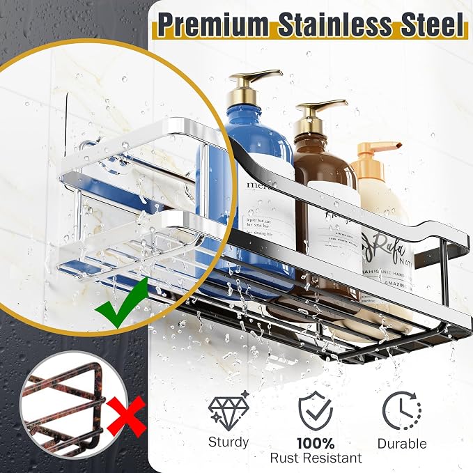 OMAIRA 5-Pack Shower Caddy with Soap Holder, Adhesive Rustproof No-drill Strudy Loading Inside Shower Organizer Shelves Rack Storage Bathroom Organization for Smooth Wall Glass Tile, Black (X-Large)