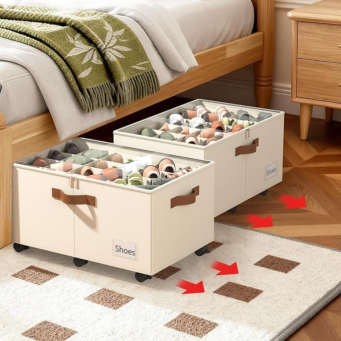 Shoe Organizer for Closet, 2 Pack Shoe Storage Organizer with Wheels and Adjustable Dividers, Stackable Shoe Storage Box with Clear Cover, Foldable Closet Shoe Organizer Fits up to 24-48 Pairs, Beige
