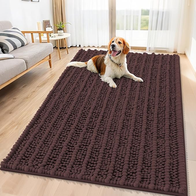 Smiry Dog Door Mat for Muddy Paws 59x35, Absorbent Dirt Trapper, Non-Slip Washable Chenille Entryway Rug for Inside Floor, Brown, Layered Pattern