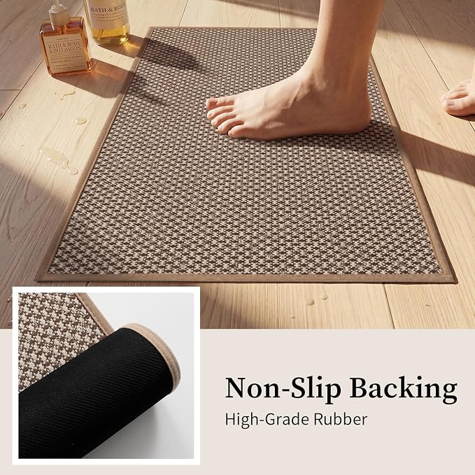 YIHOUSE Thin Bath Mat Khaki Bathroom Rugs Sets 3 Pieces, Non Slip Absorbent Bath Mats Quick Dry, Woven Braided Rugs Washable, Rubber Tapetes para Baño for Bathroom Toliet,Bathtub