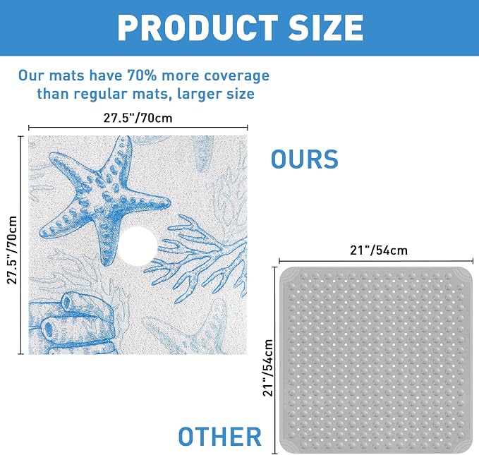 Square Shower Mat Non Slip: 27 x 27 Inch Extra Large Shower Mats with Drain Hole in Middle - PVC Loofah Anti Slip Shower Floor Matt for Inside Shower