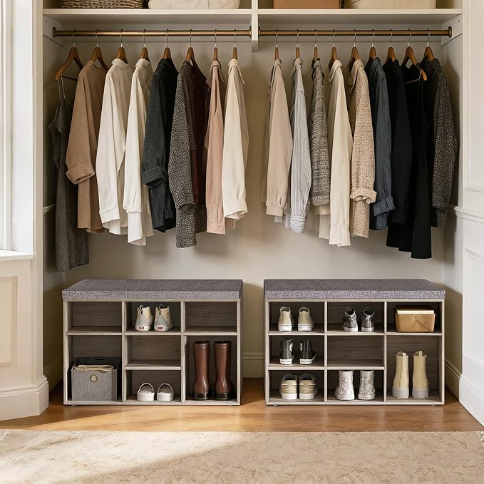 DINZI LVJ Shoe Bench, 9 Cubbies Shoe Organizer for Entryway, Storage Bench with Cushion, Cubby Shoe Rack with Adjustable Shelves for Living Room, Bedroom, Mudroom, Hallway, Greige
