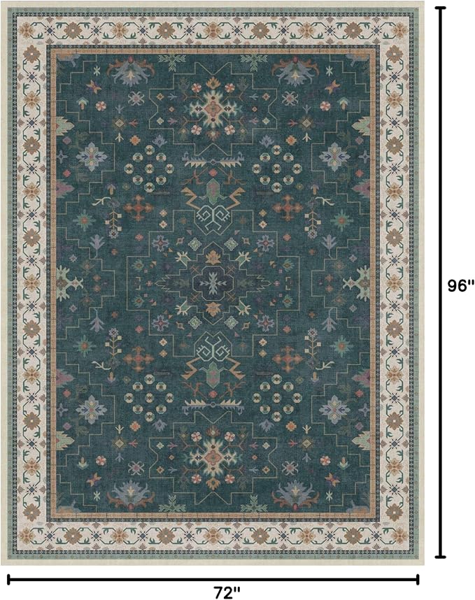 Hazo Haus Vintage Dark Green 6x8 Dining Room Rugs for Under Kitchen Table - Washable Livinig Room Rug - Unique Floral Pastel Low Pile Non-Slip Area Rugs for Bedroom