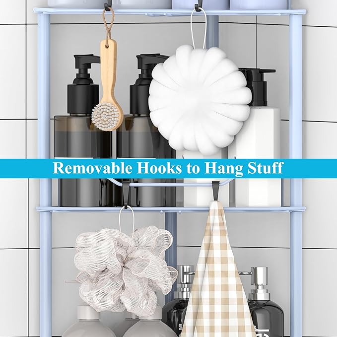 HuggieGems 3 Tier Floor Standing Corner Shower Caddy Organizer Shelf with Hooks, Bathroom Shelves Stand Rack, Blue