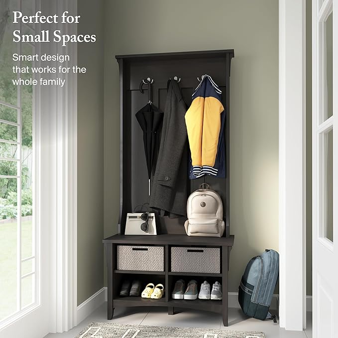 Bush Home Salinas Hall Tree with Shoe Storage Bench in Vintage Black, Multi-Purpose Home Organizer, Entryway Solution with Seating and Hooks