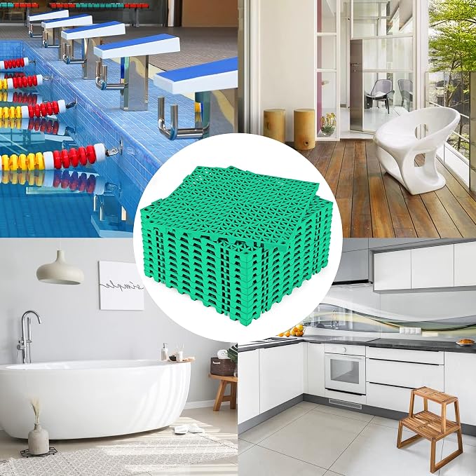 ToLanbbt Modular Interlocking Cushion 12P 11.8" x 11.8" Interlocking Rubber Floor Drain Holes Non-Slip Splicing Drainage Mats for Deck, Shower, Kitchen, Drain Pool, Sauna Bath, Indoor Outdoor (Green)