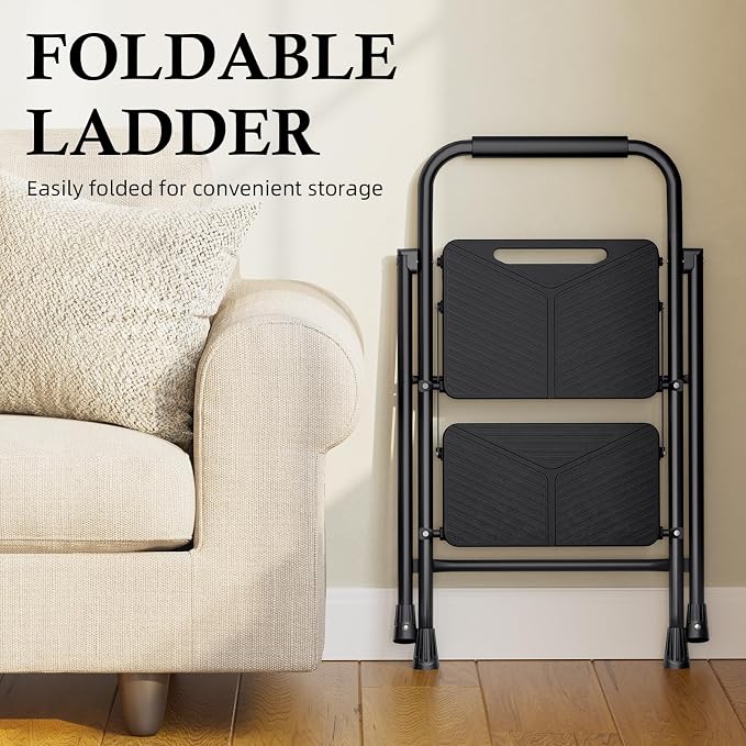 Urackify 2 Step Ladder, Folding Ladder for Multi-Purpose, Home, Kitchen, Heavy Sturdy Steel Portable Step Stool with Handrail, Safe-Lock Design, Anti-Slip Wide Pedals, Pass 500lbs Load Testing, Black