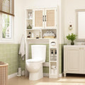 RUSTOWN Rattan Over The Toilet Storage Cabinet,Boho Over Toilet Bathroom Organizer with 2 Doors & Adjustable Shelves,Modern Above Toilet Rack with Toilet Paper Holder for Bathroom (Vintage White)