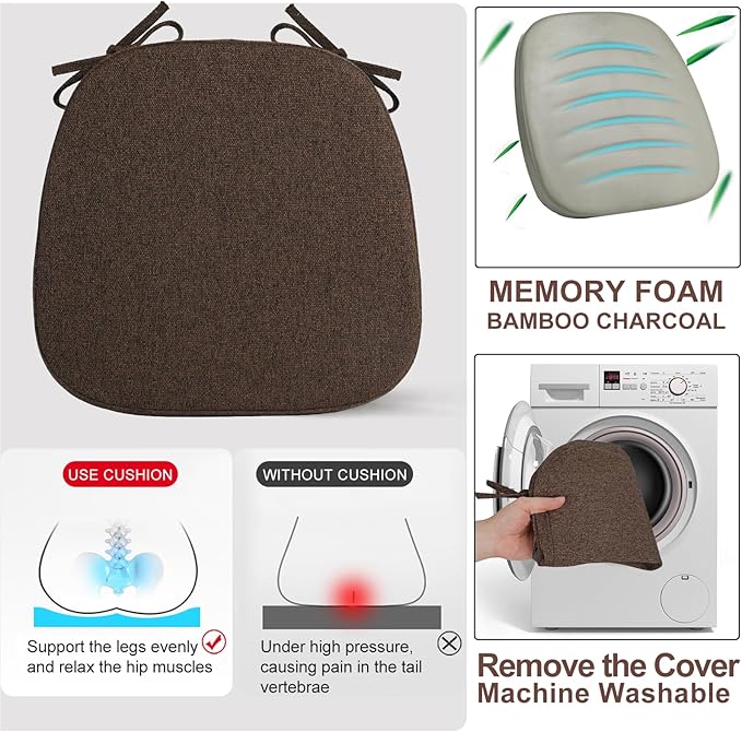 SINOSSO 4 Pack Memory Foam Chair Cushions for Dining Chairs, Friendly Woven Fabric 16" U-Shape Comfortable Kitchen Chair Pads, Removable Slip Resistant Seat Cushions (Set of 4, Dark Brown)