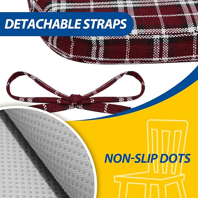 AAAAAcessories D-Shaped Chair Cushions, 2" Thick Dining Chair Pads with Ties and Removable, Machine-Washable Cover, 17" x 16", Set of 4, Red Checkered