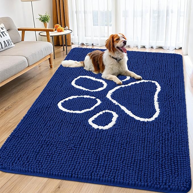 Smiry Dog Door Mat for Muddy Paws, Absorbent Dirt Trapper Non Slip Quick Dry Washable Chenille Mat for Mud Dogs, Entry Rug for Indoor and Outdoor (71x46 Inches,Navy Blue and White)