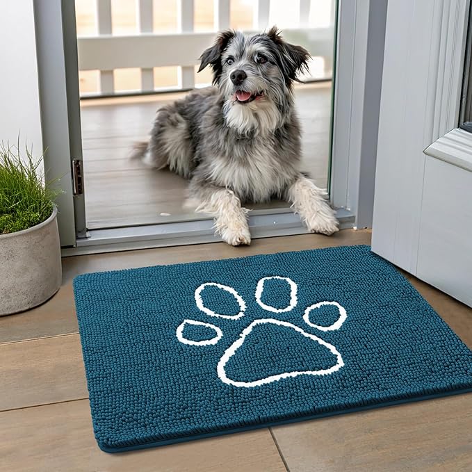 Smiry Dog Door Mat for Muddy Paws, Absorbent Dirt Trapper Non Slip Quick Dry Washable Chenille Mat for Mud Dogs, Entry Rug for Indoor and Outdoor (24x16 Inches, Atlantic Blue and White)