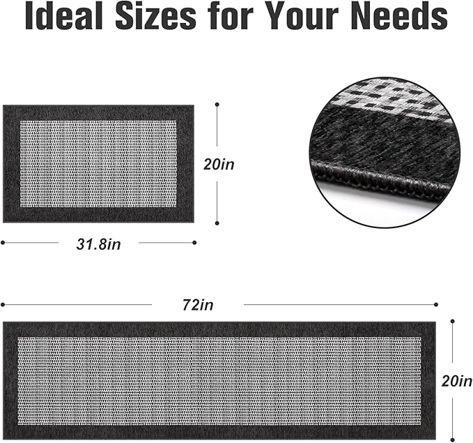 StepRite Kitchen Mats for Floor, Non-Slip Kitchen Rugs Set of 2 PCS, Super Absorbent Washable Kitchen Mats with Rubber Backing, Runner Mats for Front of Sink (20"x32"+20"x72" Black)