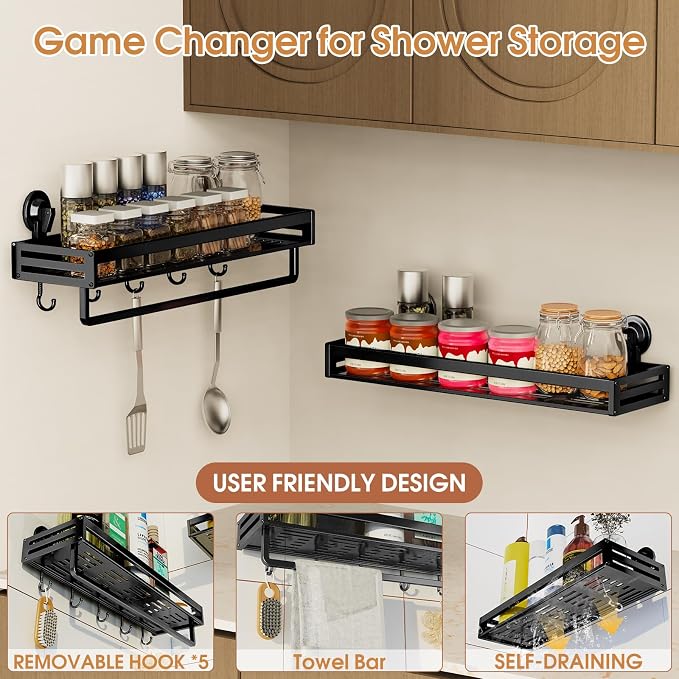 Suction Cup Shower Caddy, 15.7 inch Extended Version, 5 Hooks & Towel Rrack, No Drilling Required, Rust-resistant Bathroom Shower Organizer,with 2 Extra Suction Cups for Replacement Use(2Pack-Black)