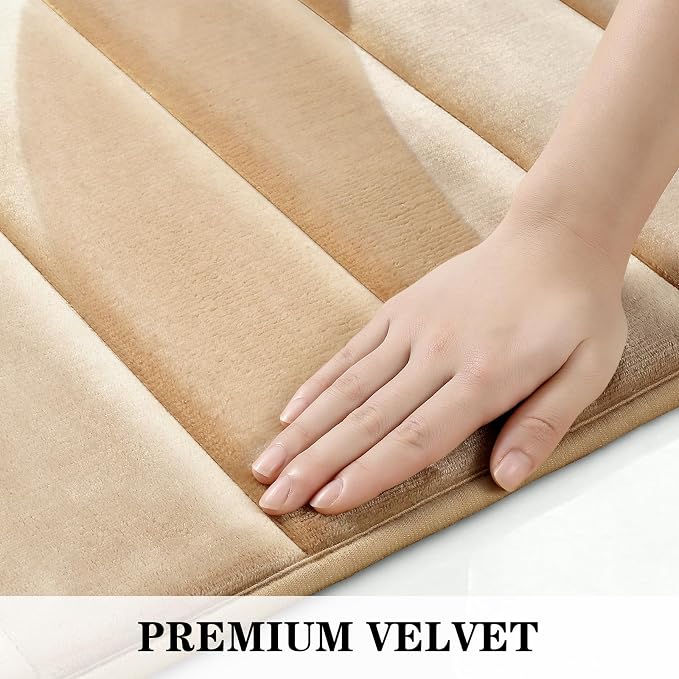 BYSURE Beige Memory Foam Bathroom Rug Set 3 Piece, Non Slip Extra Soft Absorbent Bath Mats, Machine Washable & Dry Toilet Mat Sets for Bathroom Floor