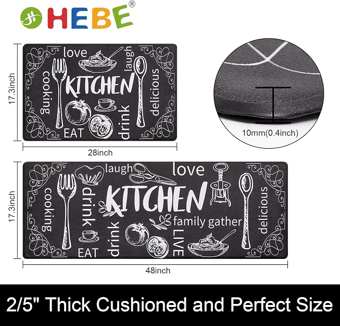 HEBE Kitchen Rugs Set of 2, Cushioned Anti Fatigue Kitchen Mats for Floor, Non Slip Waterproof Comfort Standing Desk Mat Carpet for Sink, Stove, Laundry Room, Black