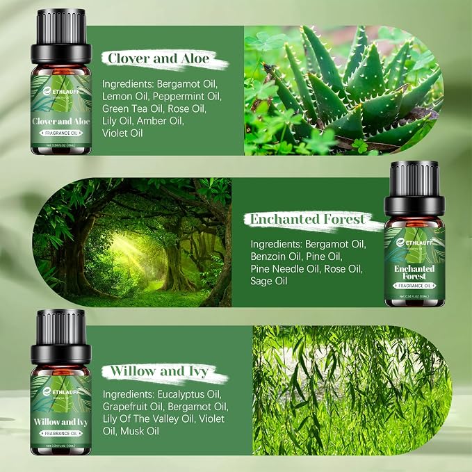 Spring Fragrance Oils Set, Essential Oils for Diffuser for Home, Candle Sopa Making - Enchanted Forest, Willow and Ivy, Clover and Aloe, Fresh Bamboo, Scented Oil Gift Set