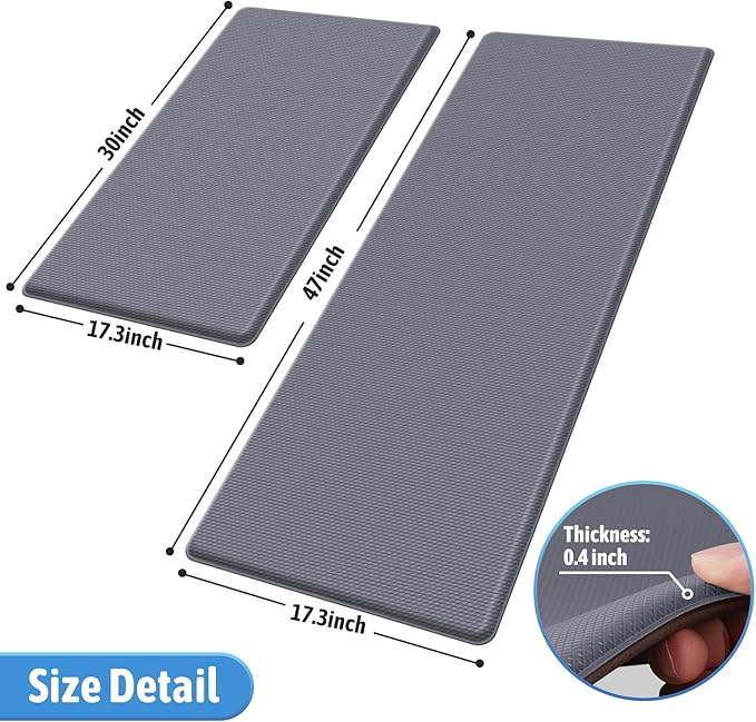 StepLively Kitchen Mat, 2 PCS Kitchen Rugs, Cushioned Kitchen Mats for Floor, Anti Fatigue Kitchen Rug Set, Non-Skid Standing Mat for Kitchen, Office, Sink, 17.3"x30"+17.3"x47", Grey